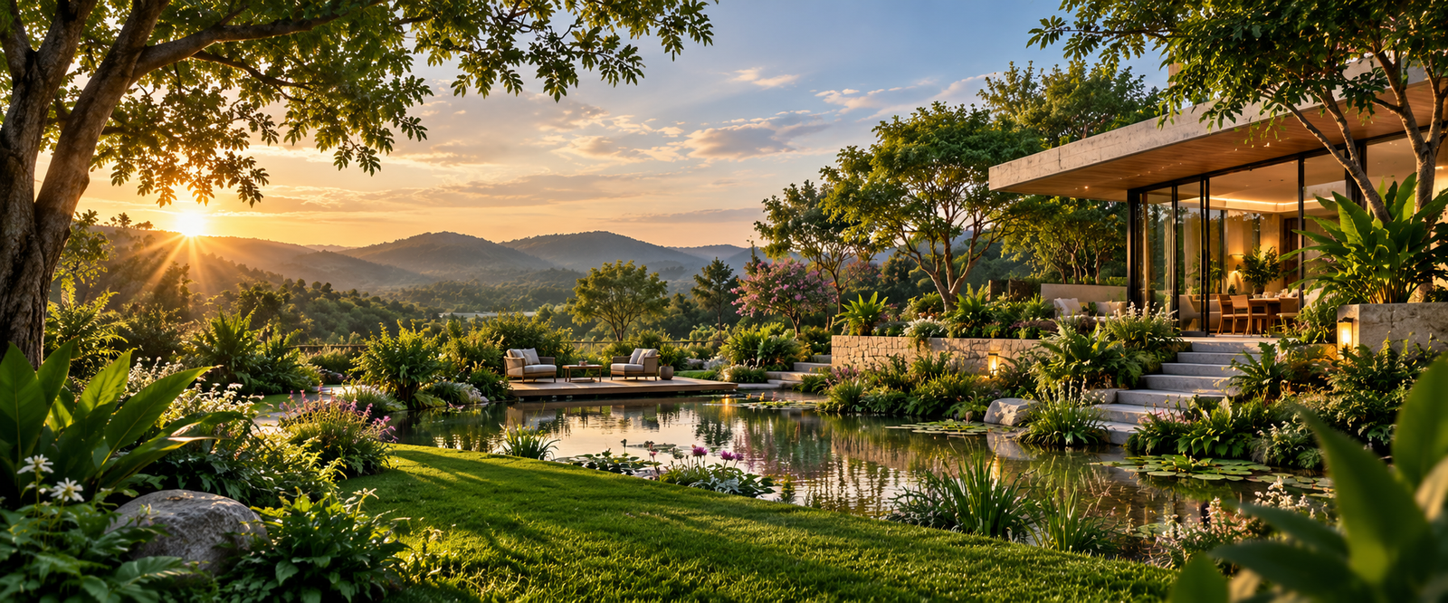 Lush sustainable garden landscape around a modern home