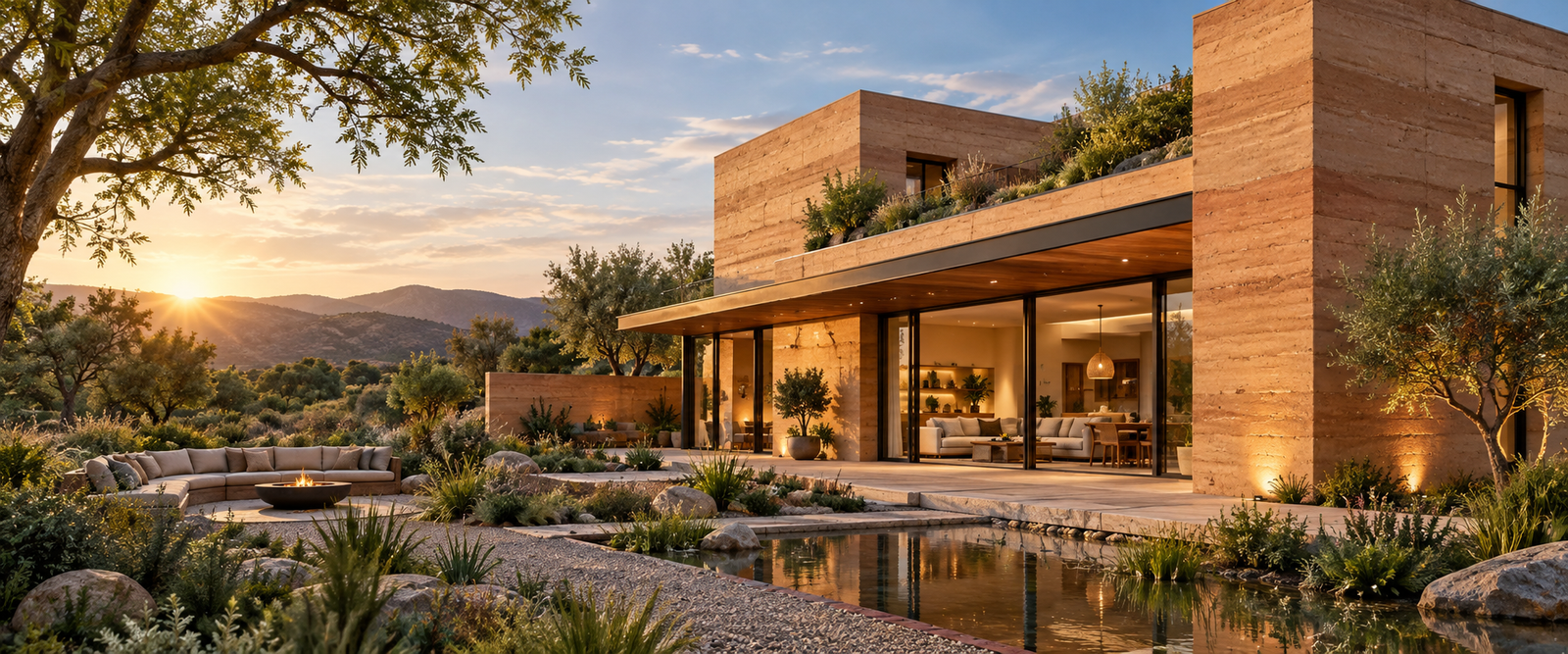 Modern rammed-earth home integrated with a natural landscape
